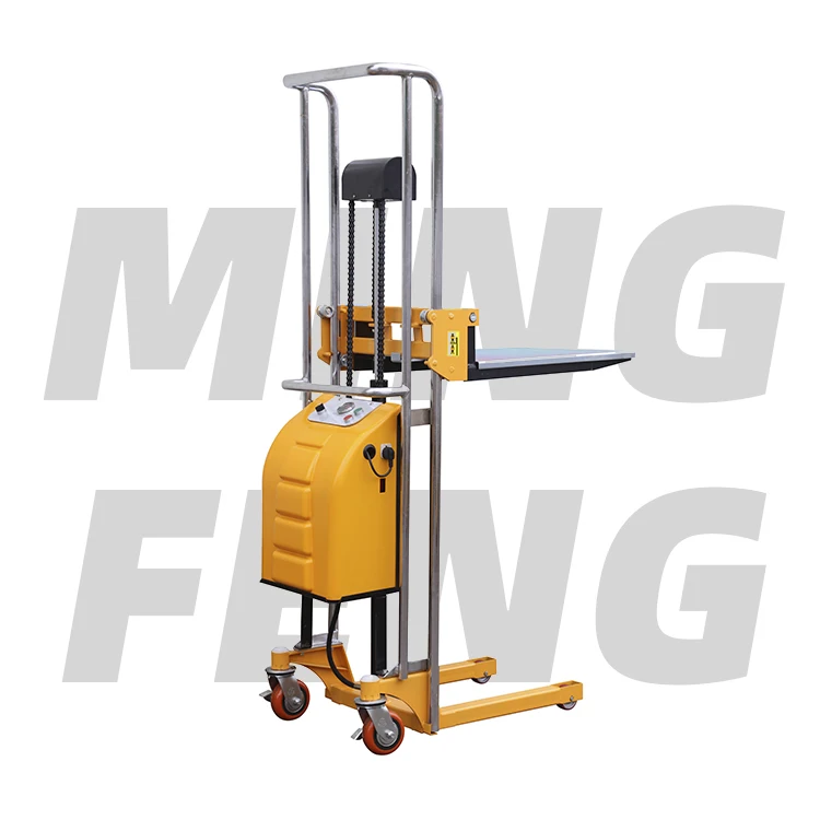 
mingfeng low electric Hydraulic mobile Lift Tables Portable Stackers cart with rolly Scissor 400kg ELCTRIC Stacker 