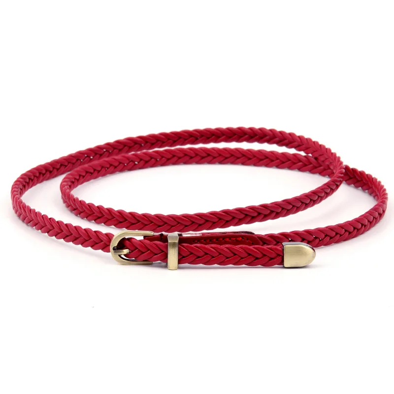 2022 Trend Women Handmade Candy Colors Ladies Belt Knit Weave Thin PU Faux Skinny Braided Leather Womans Belt for Casual Dress