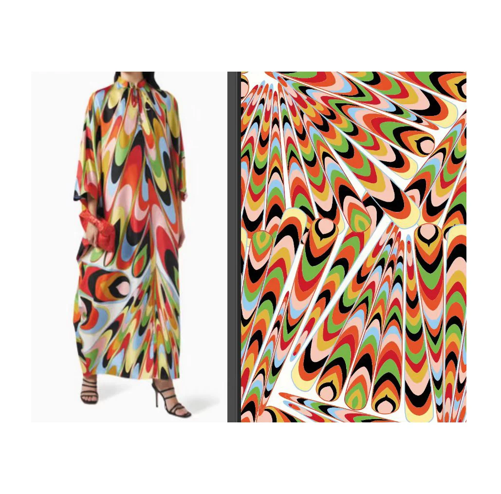 factory custom dresses or printed fabrics geometry line kaleidoscope morden Pop art style satin polyester fabrics for woman