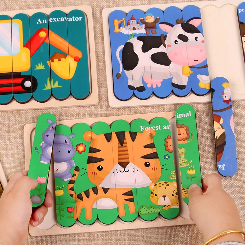 Wholesale cartoon strips story wooden puzzle baby wooden puzzle toy 3d wooden puzzle