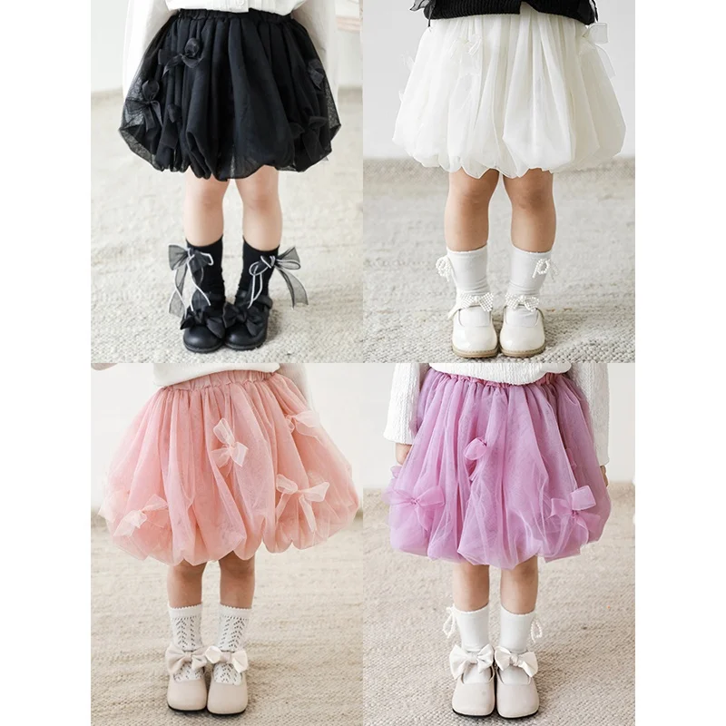 New Arrivals Spring Baby Girls Skirts Elastic Waist Mesh Tulle Skirt With Bow Princess Puffy Tutu Skirts
