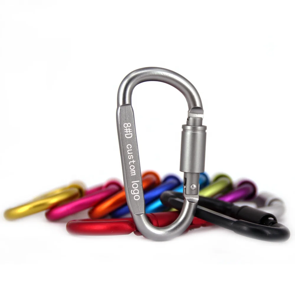OEM/ODM 8# D shaped aluminum alloy metal swivel locking custom logo snap spring flat full black carabiner clip