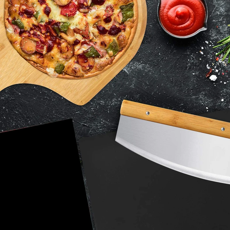 
Bamboo Pizza Peel Set with Black Ceramic Pizza Stone Pan & Pizza Cutter 