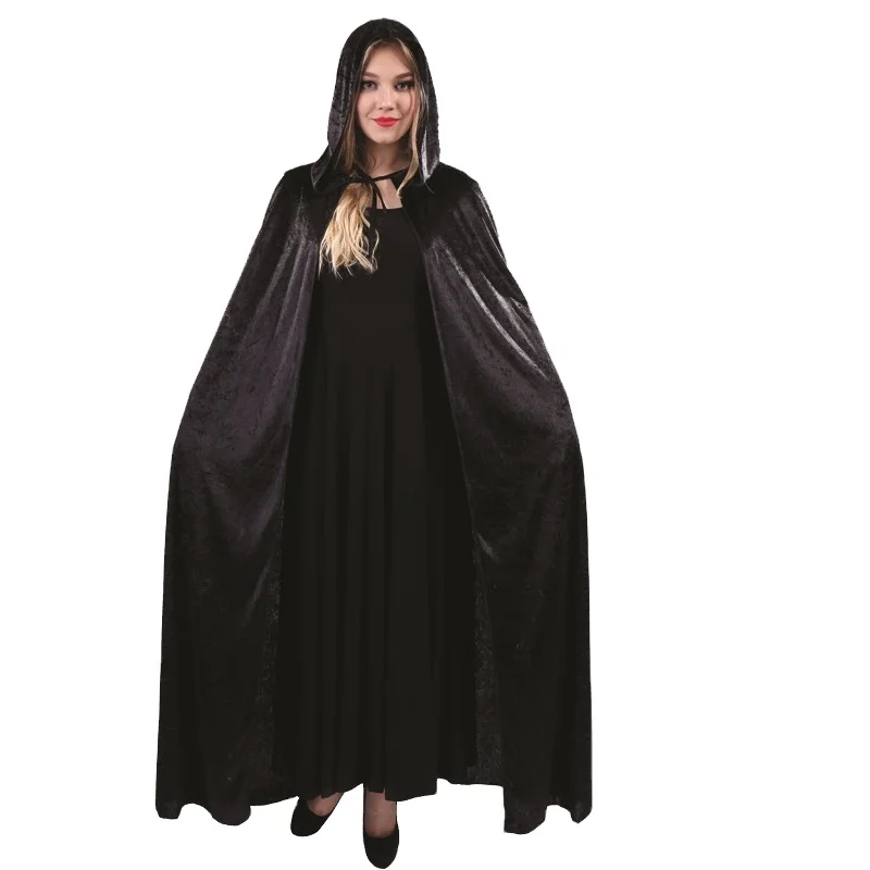 Women all black Cloak Fancy Dress Party halloween  Long Velvet Hooded Cape Costume for Adult