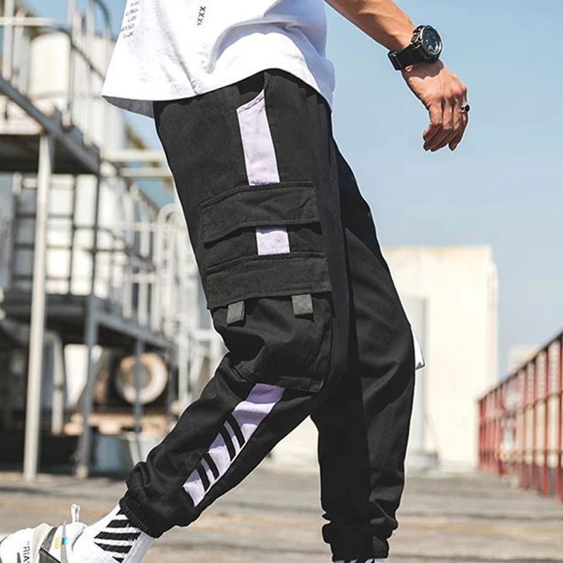 Hip Hop Cargo Pants Men Streetwear Fashion Male Elastic Waist Pant Trousers Cotton Black Joggers For Men