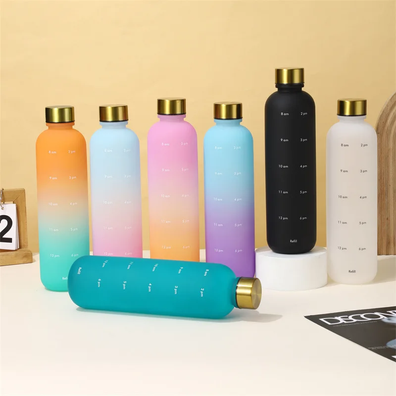 1 Litre Plastic Frosted Water Bottle with Gold Lid Motivational Timestamps for Camping Tours Adults Drinking