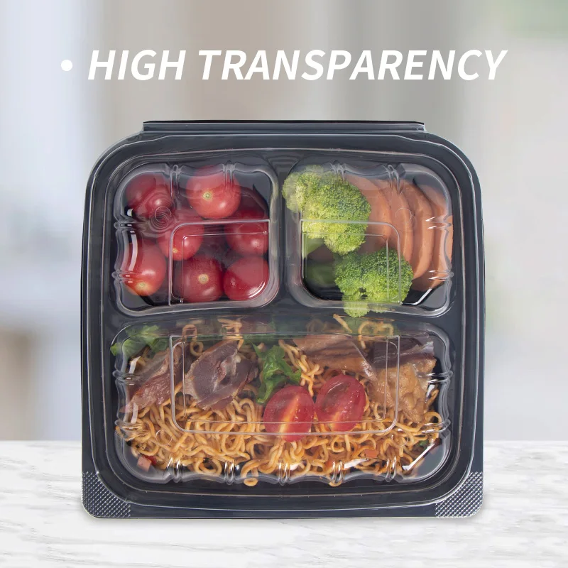 9x9 inch Square Food Grade PP Material 3 Compartment Anti Fog Design Take Away Food Container With Lid