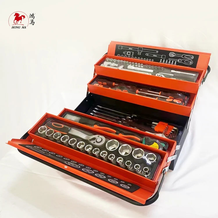 Metal roller cabinet tool trolley with stainless steel working top and tool box with hand tools sets