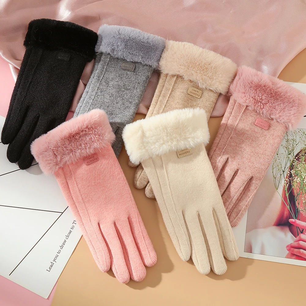 Autumn and winter warm cashmere Korean version of students outdoor cycling ladies gloves