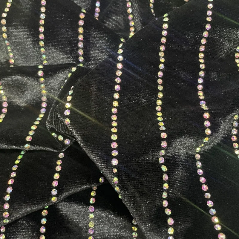 Popular Gorgeous AB Rhinestone Gemstone Hot Drilling Stripe Pattern Velvet Fabric for Custom