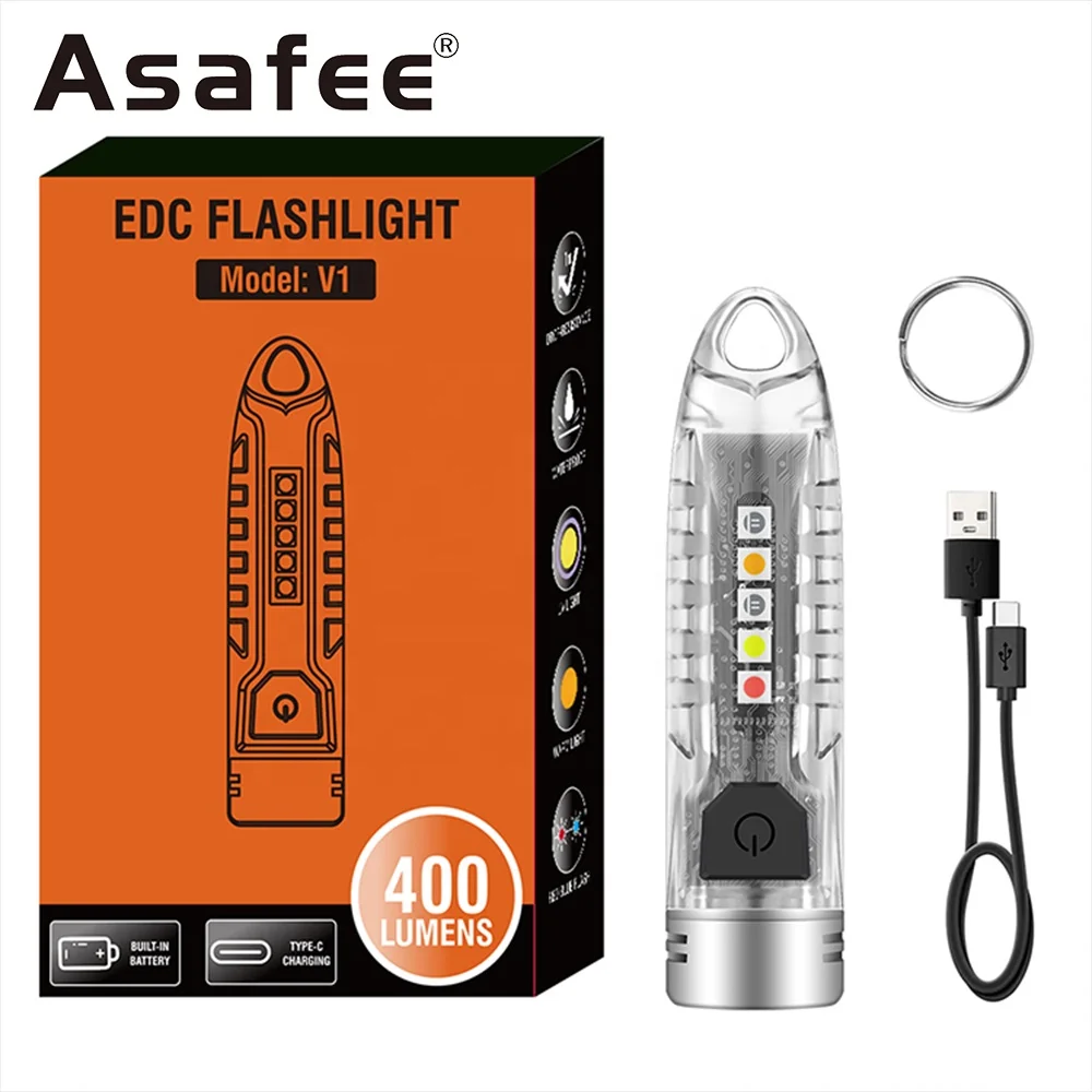 Mini keychain flashlight 12 modes rechargeable waterproof portable edc flash light 400 lumens keyring torch with yellow uv light