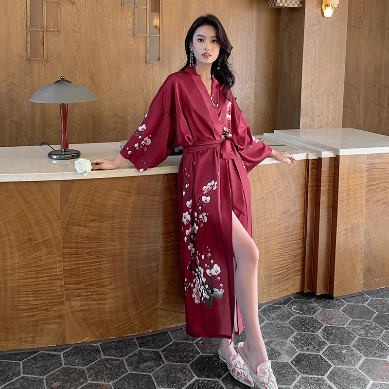 2023 kimono Robe print  pajamas Belted Luxury long sleeve nightwear set gown sexy women 100% silk Satin Robe