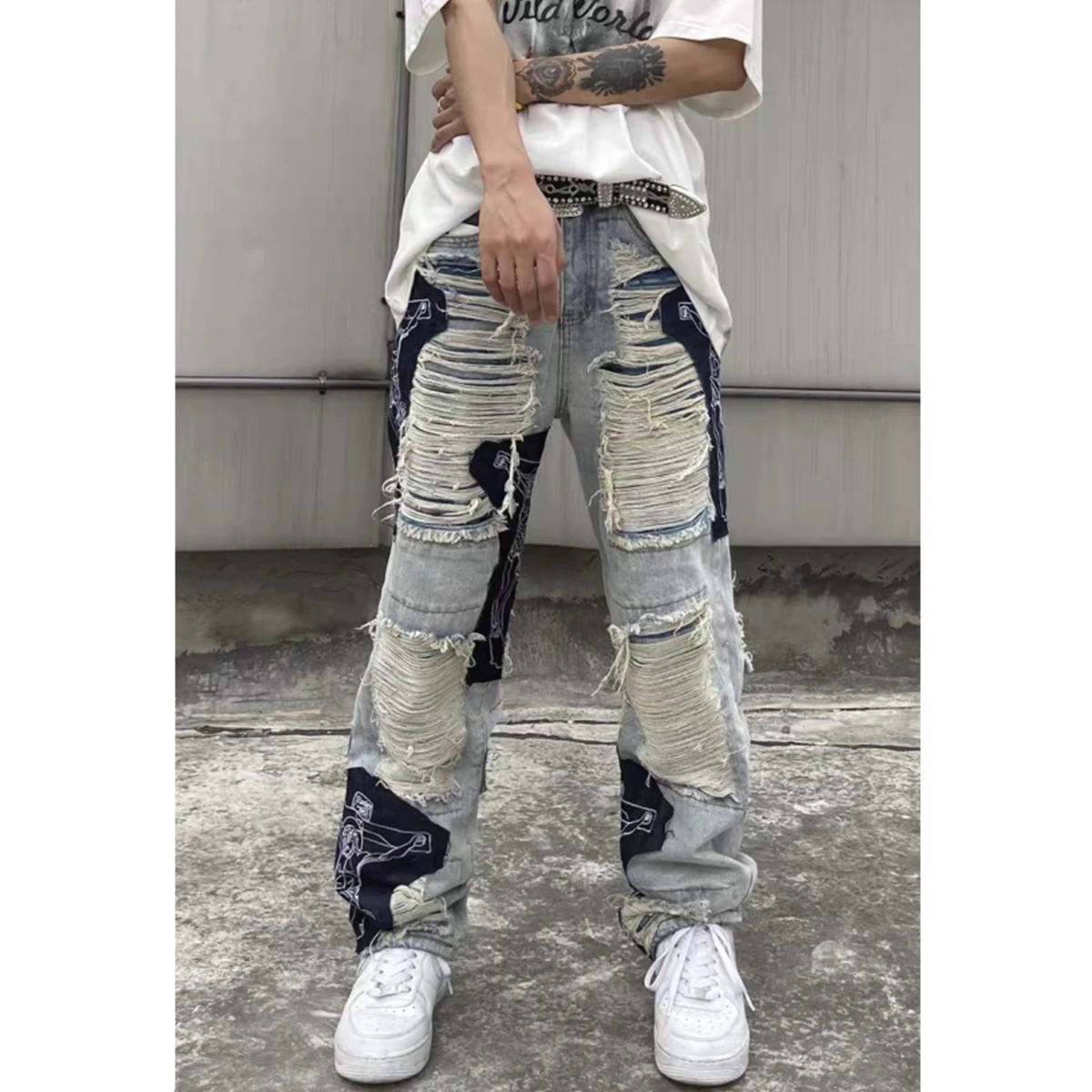 NVFelix Latest Design Distressed Ripped Patchwork Color Block Denim Pants Wholesale Vintage Repaired  Regular Fit Jeans For Men
