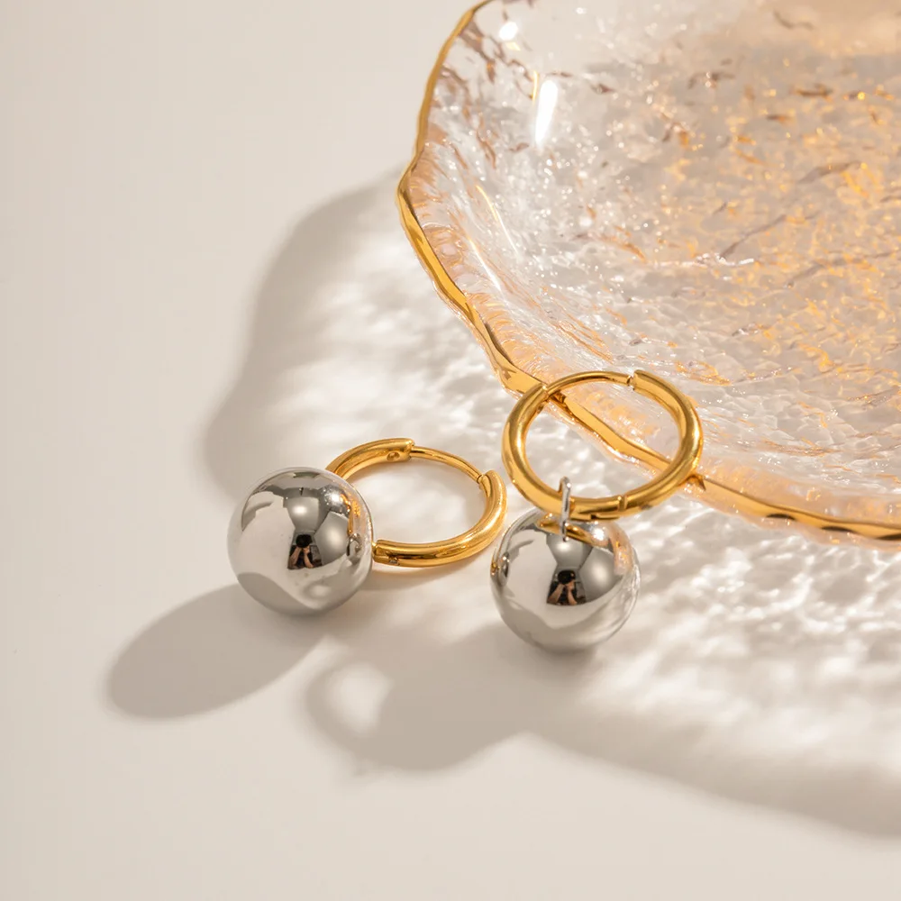 NUORO INS Style Fashion Simple 18K Gold Plated Ear Buckle Earrings Jewelry Personality Steel Ball Pendant Huggie Hoop Earrings