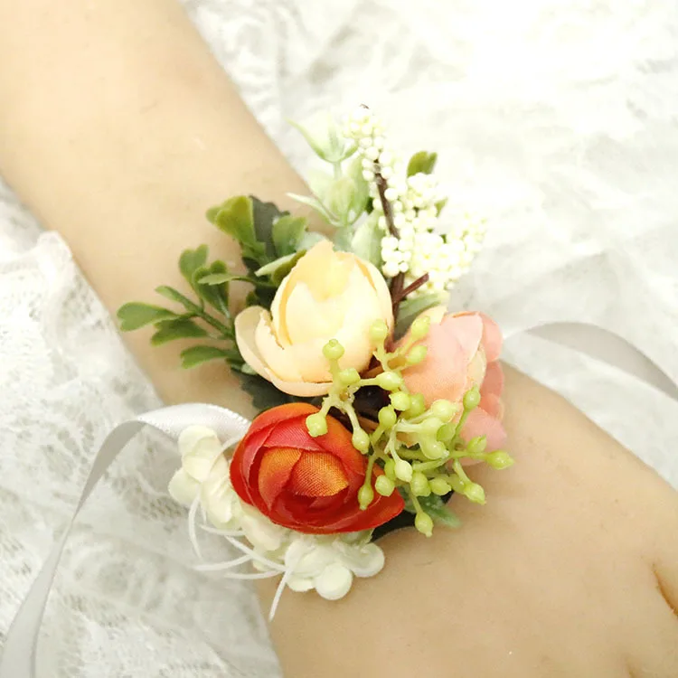 Handmade Ribbon Rose Wrist Hand Flower Corsage Bracelet For Wedding Prom Party Festival Photography Women and Girls