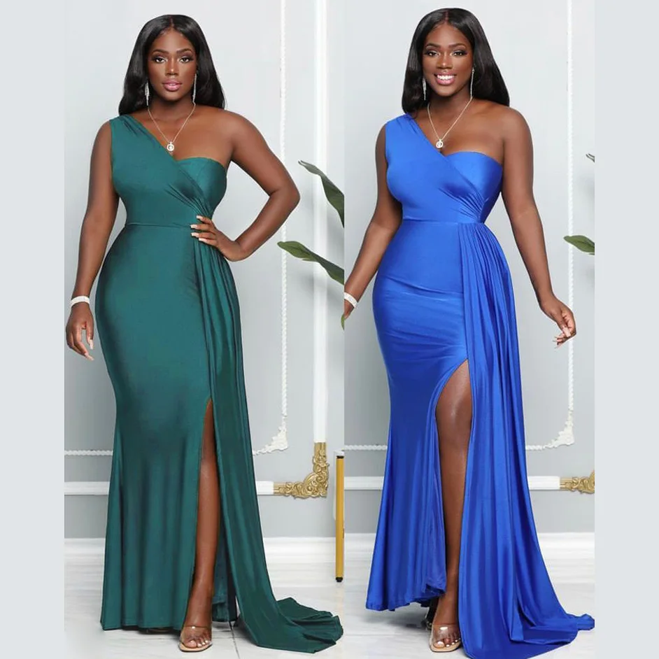 Evening dress 180g genuine polyester luster one shoulder with diagonal collar and fishtail wrap dress