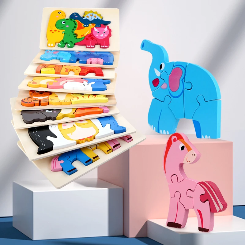 Factory Wooden Jigsaw Dinosaur Puzzle Montessori Children Toy Learn Educational Toys 3D Cartoon Animal Puzzles for Kids
