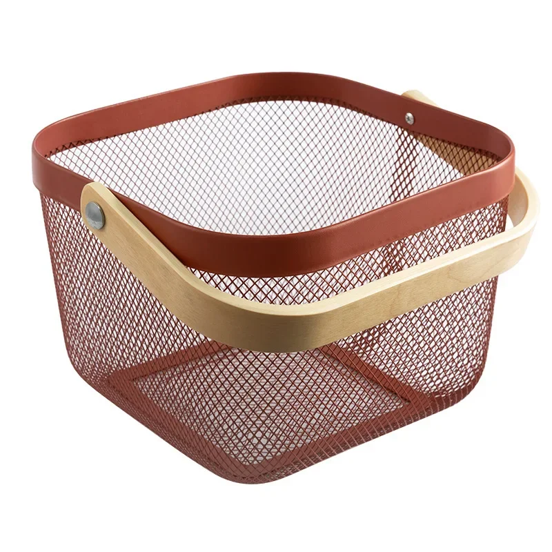 Metal Picnic Fruit Food Countertop Metal Wire Mesh Storage Basket with Wooden Bamboo Handle
