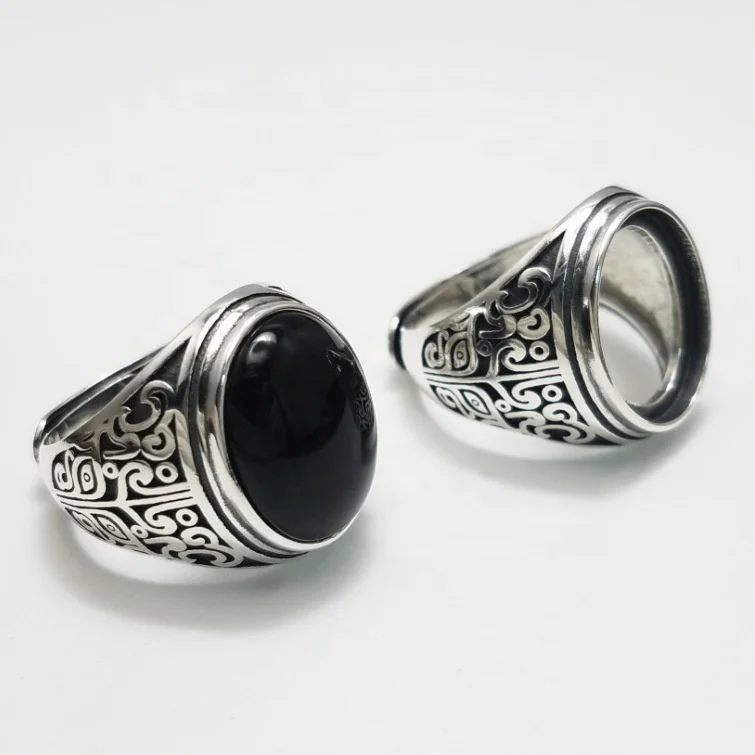 Customized  Adjustable 925 sterling silver hand carved flower engraving custom ring with gemstone