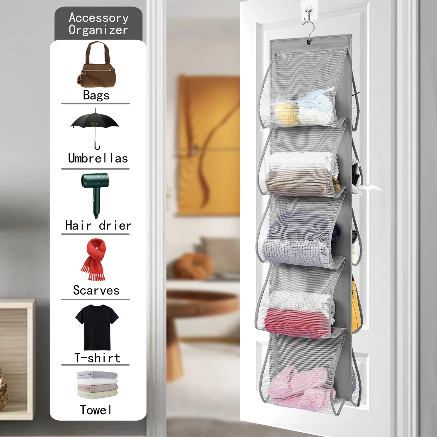 Closet Shoe Holder with 10 Large Pockets Dual Sided Hanging Handbags Organizer Towel Scarf Clothes Storage