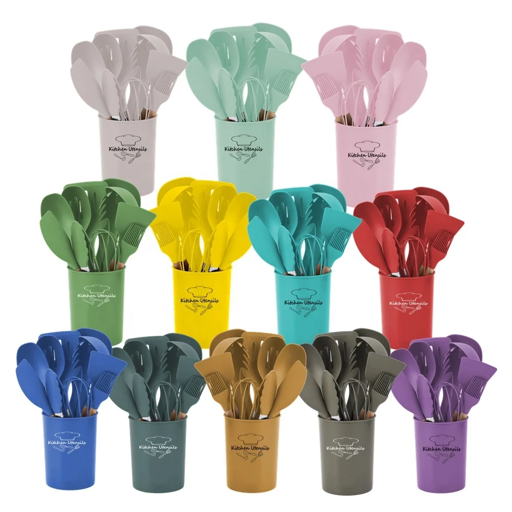 Eco-friendly hot selling 12pcs silicon kitchen utensil set with bucket cooking utensil with wood handle