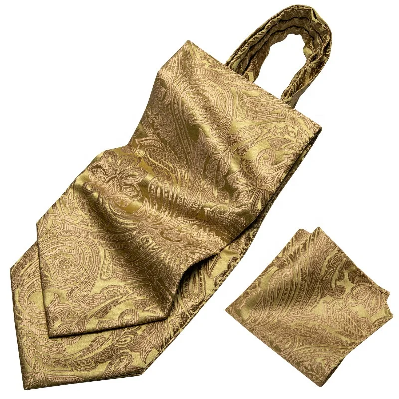 
Hot Sale Classic Yellow Gold Floral Paisley Mens Silk Ascot Cravat Set 