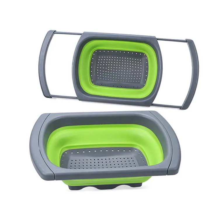 Wholesale Custom Square Retractable Handle Plastic Fruit Foldable Drain Basket Vegetable Washing Filter Basket