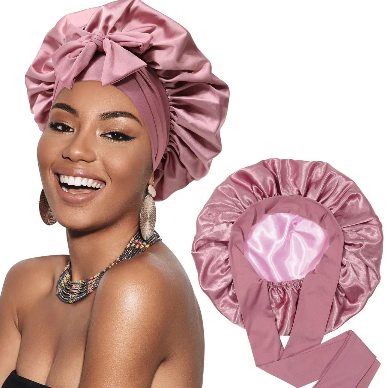 High Quality Satin Bonnet Silk Bonnet for Sleeping Silk Sleep Cap Double Layer Hair Bonnet with Elastic Tie Band for Curly Hair