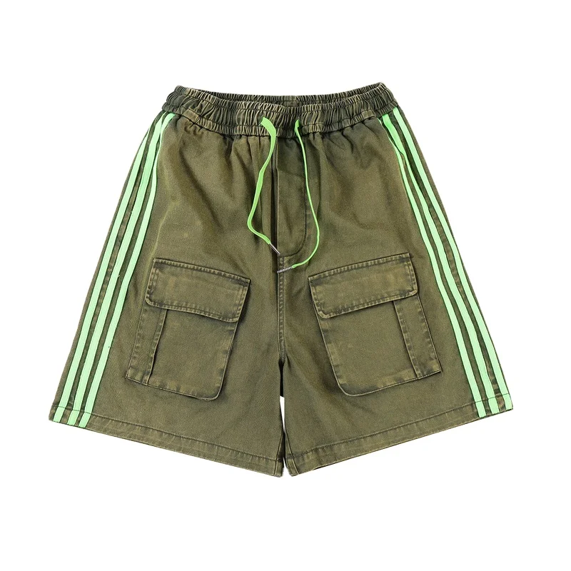 brand vibe wind wash water do old side webbing elastic waist casual shorts