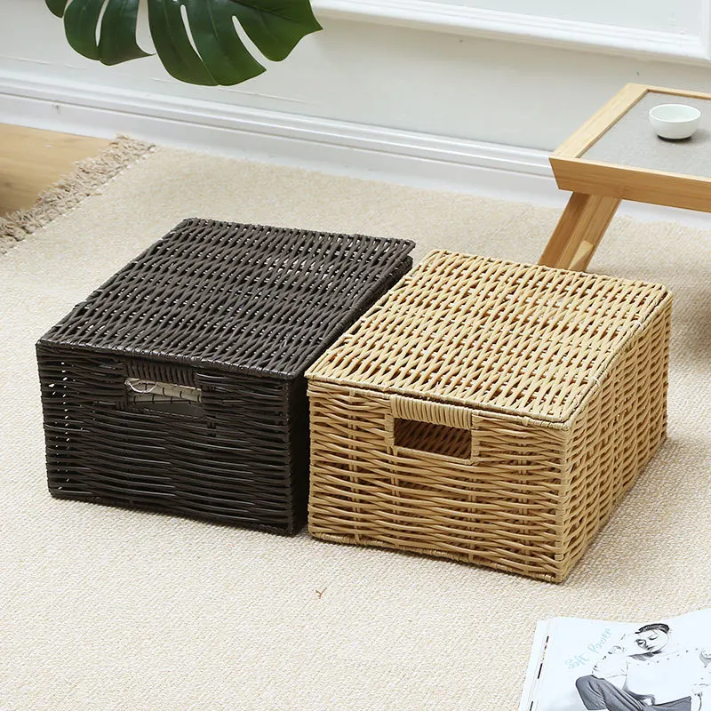 Woven Storage Basket Box Wicker Hamper Stackable Bin with Lid & Lock Built-in Carry Handles
