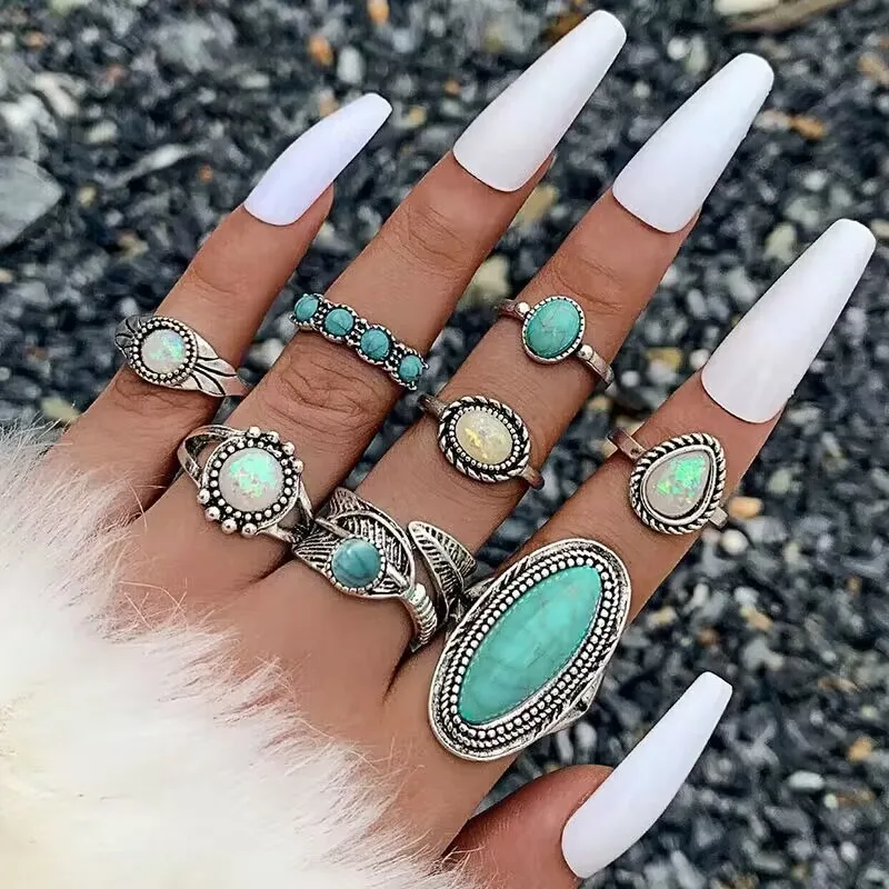 Ethnic Style Vintage Inlaid Turquoise Carved Feather Ring Classic 8-Piece Combination Ring Suit Fashion Personality Main Alloy