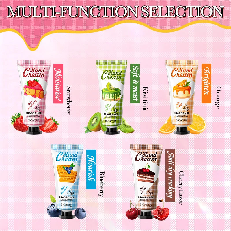 BIOAQUA Organic Fruits Strawberry Blueberry Cherry Orange Nourishing Anti-Wrinkle Smooth Skin Whitening Lotion Mini Hand Cream