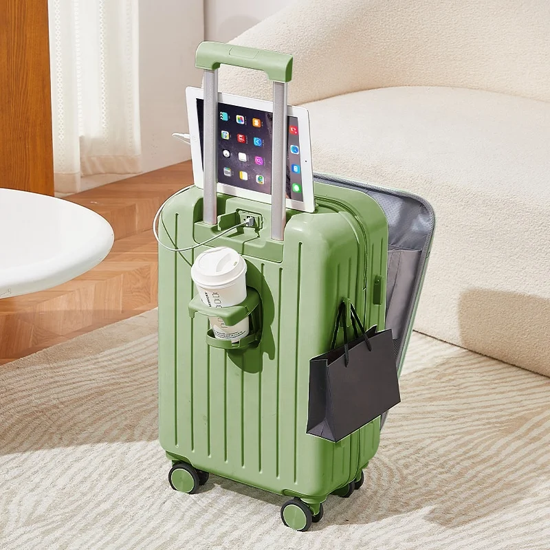 2024 multi-functional fashion luggage with water cup holder usb port front open pocket laptop luggage bags travel cabin suitcase