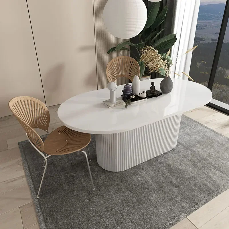 Light Luxury Modern Oval Dining Table Set  6-Seat White Solid Wood Kitchen & Office Furniture with Nordic Chairs