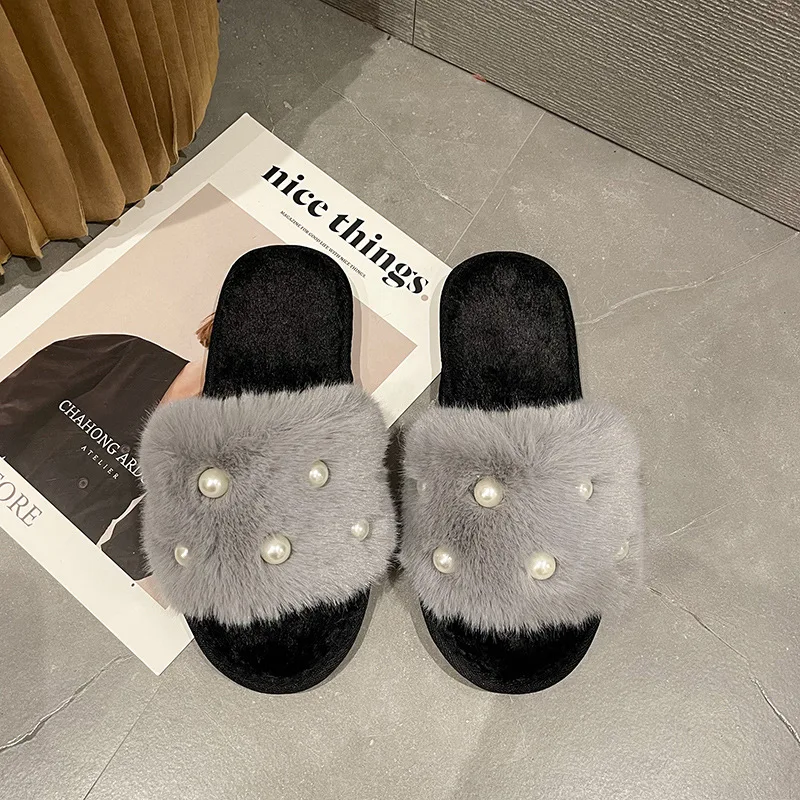 New Design Open toe Indoor women winter warm shoes slides plush flat slipper Beauty Cute fur slippers