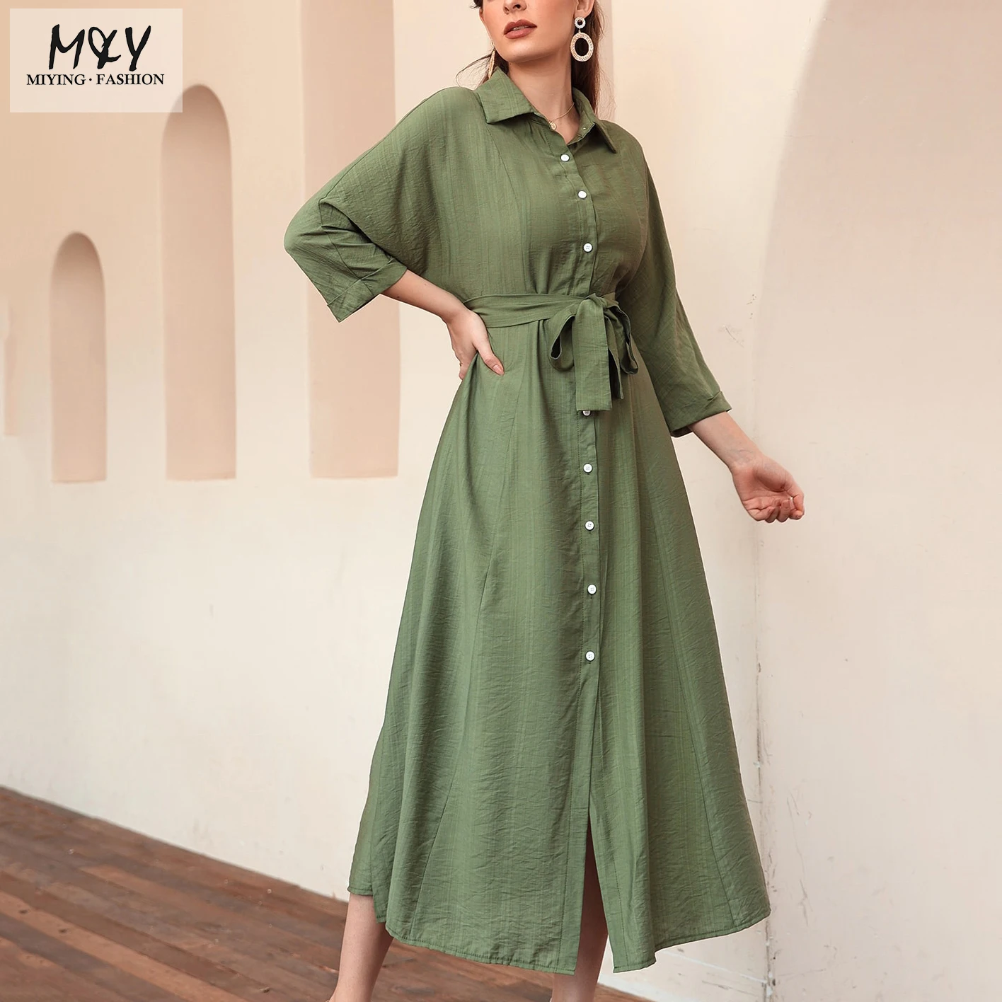 Fashion daily casual loose fitting 3/4 sleeve maxi dress women Solid Chiffon Button Front Belted Shirt Dress