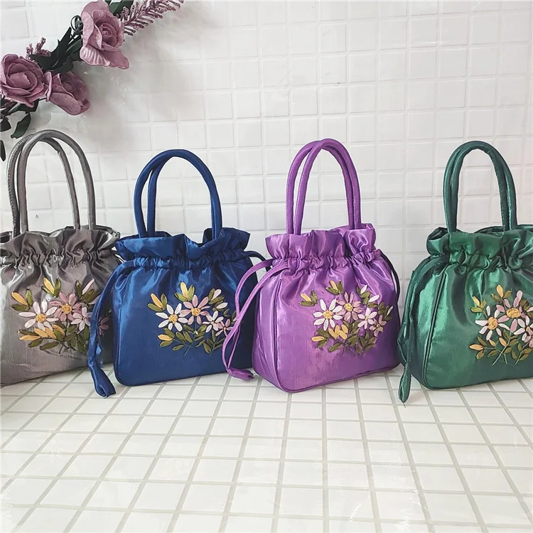 TLB-8R005    Lady small satin drawstring makeup bag 2022 latest ethnic embroidery flower handbag vintage