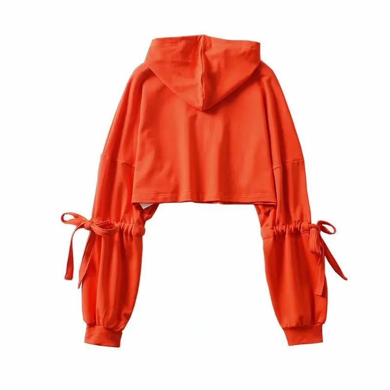 
2020 custom solid color sleeves drawstring ties wide loose hooded sweater short cropped navel crop top hoodies women 