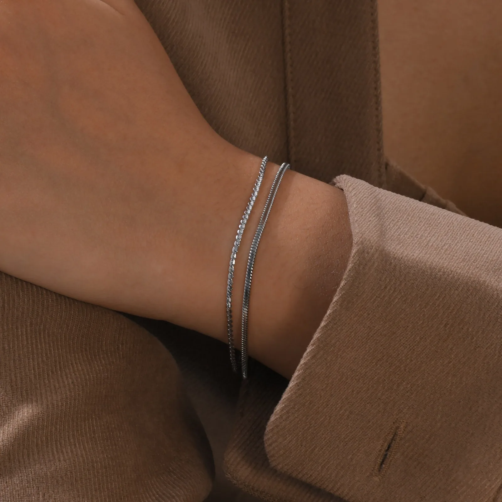 Wholesale European And American Gold Jewelry Stainless Steel S Chain Square Snake Chain Double Layer Bracelet