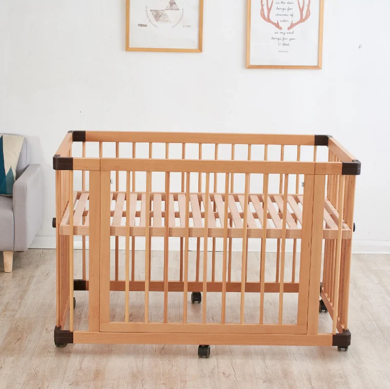 Nursery Furniture Beech Convertible Cribs Wooden Baby Small Sleeping Bed with Cushion  For Babies