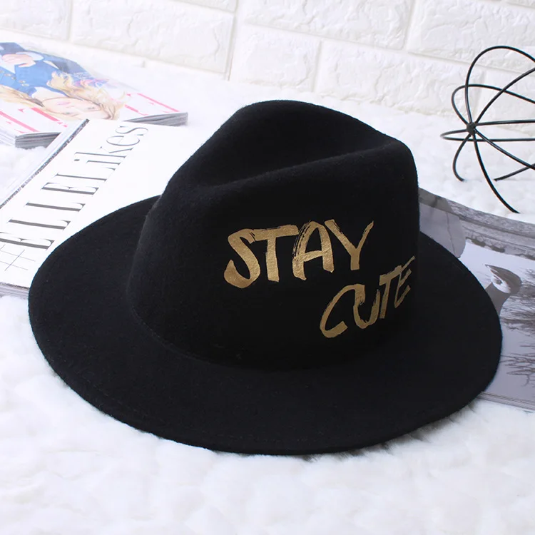 Winter New Style Formal Golden Characters Jazzy Unisex Fashionable Wool Wide Brim Hat plaid