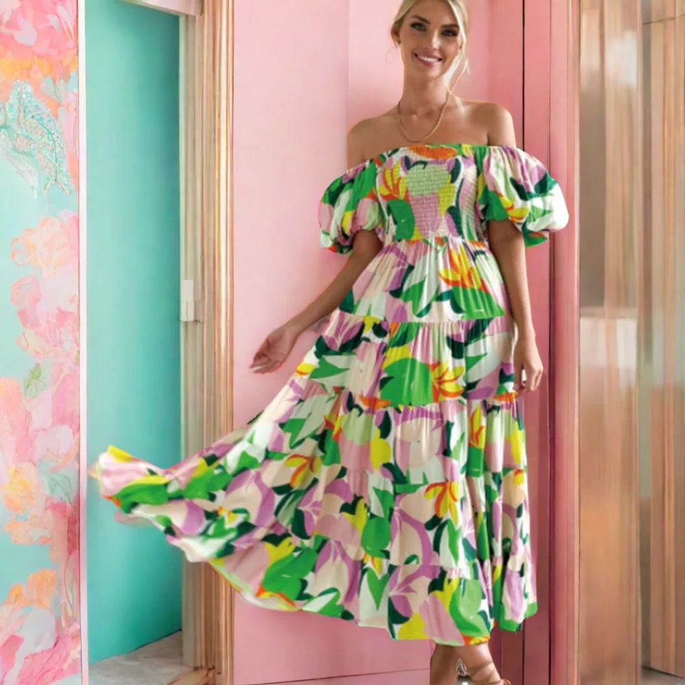 Bohemian Casual Dress Printed One Shoulder Vacation Style Sexy Loose Fitting with a Seductive Design