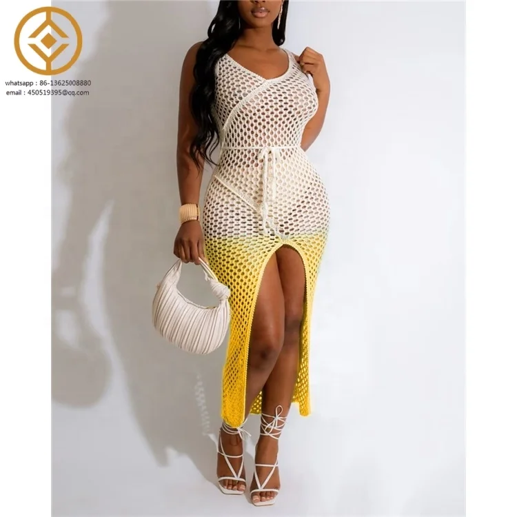 Summer Sexy Women Gradient Knitting Beach Dress Front Split Hollow Out Sleeves Holidays Sexy Nightclub Dresses
