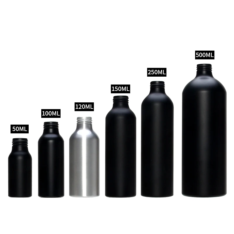 Wholesale Proper Price 50Ml 100Ml 120Ml 150Ml 200Ml,250Ml 500Ml Matte Black Cosmetic Packaging Aluminum Bottle With Screw Cap