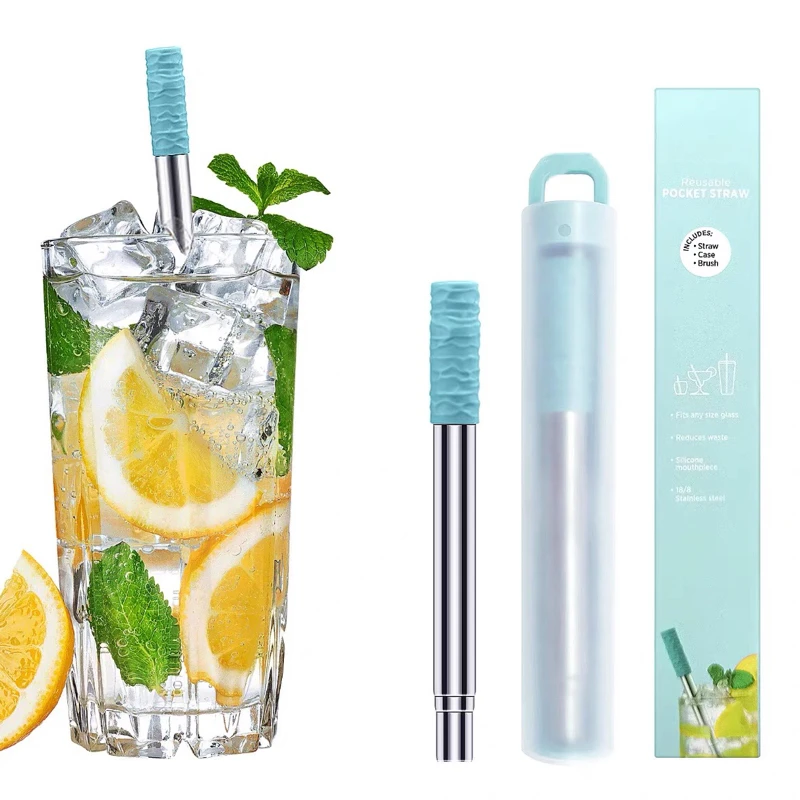 Silicone stainless steel straw can be reused environmentally friendly adult portable non-disposable folding