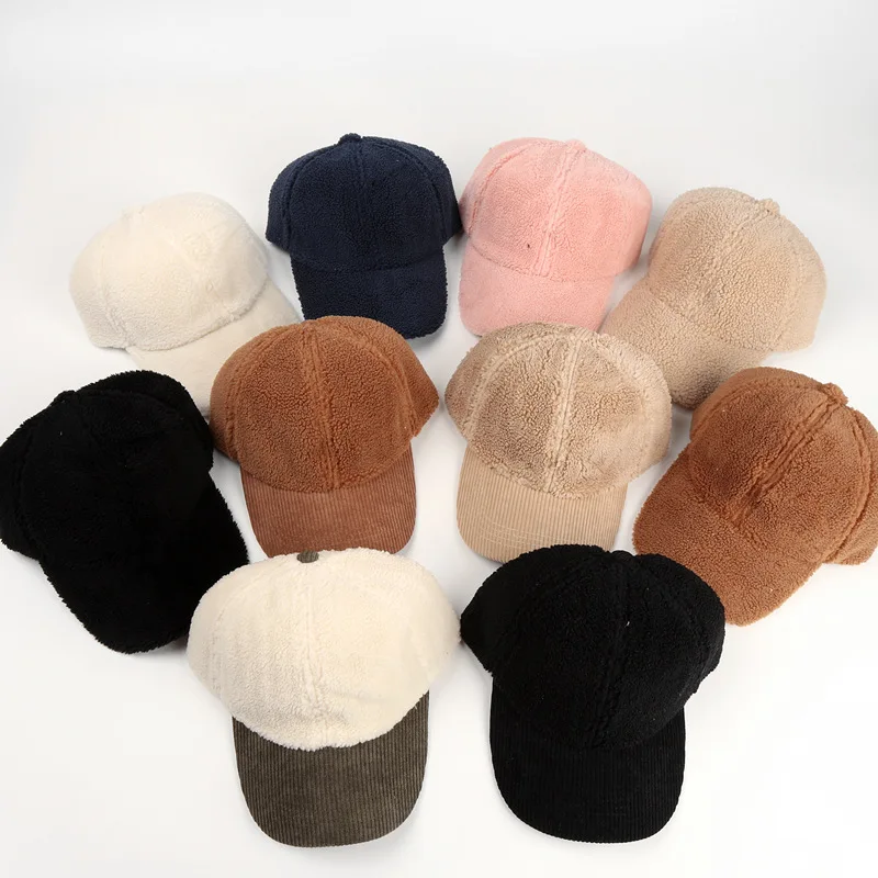 Designer custom furry winter lamb wool sports hats 6 panel baseball cap faux fur
