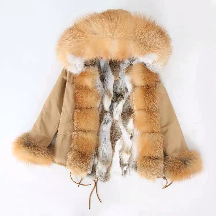 Fashionable Fox Fur Parka Woman Rabbit Fur Liner Winter Warm Real Fur Hood Parka