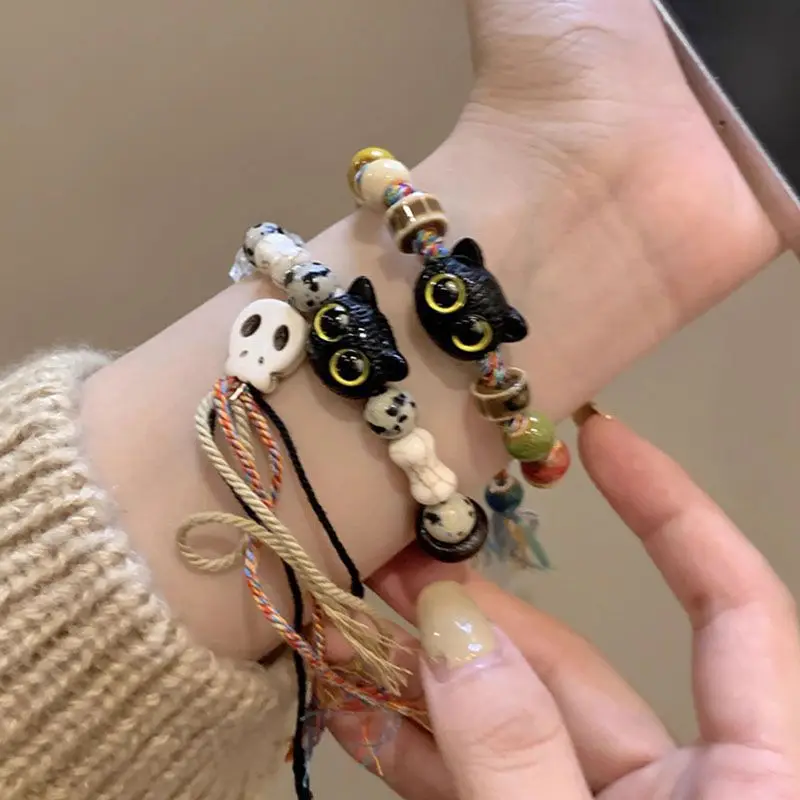 Skull Cat Ceramic Braided Rope Bracelet Personalised Fashion Beaded Jewelry Tassel Colourful Braided Rope Bracelet