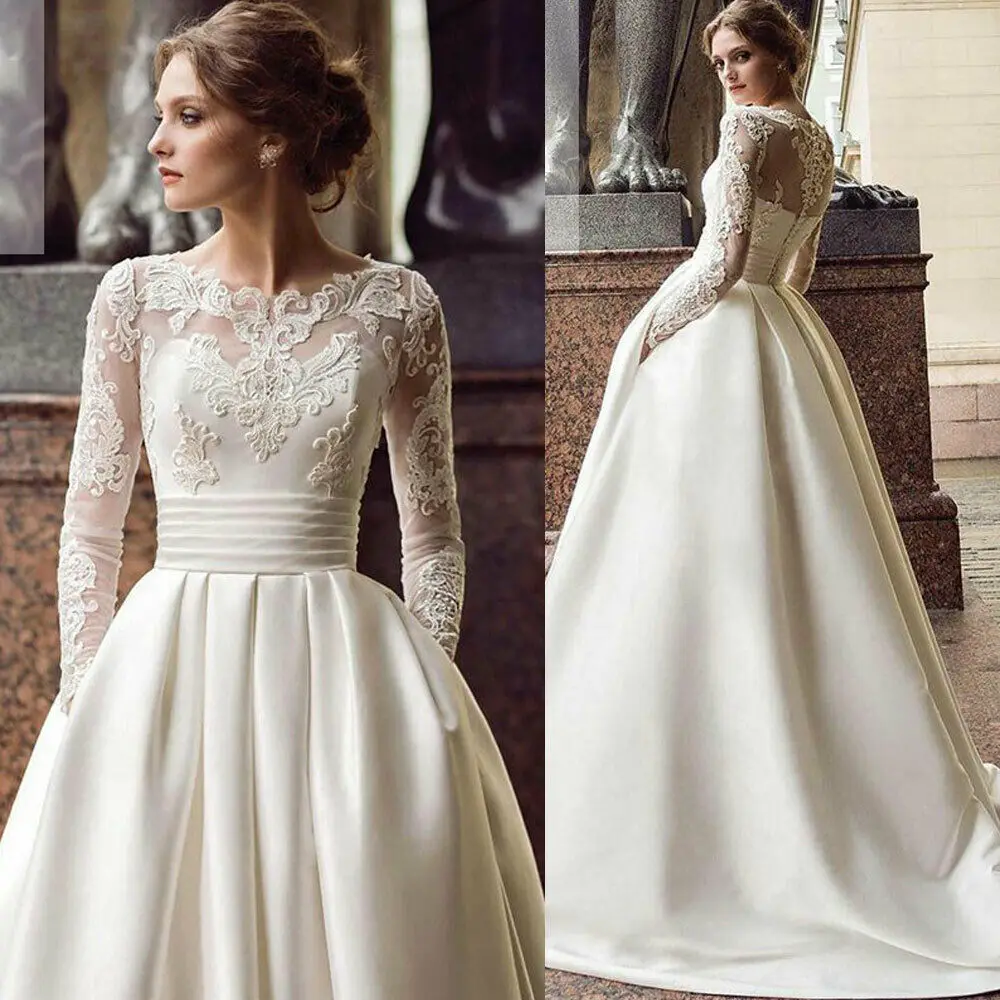 Vestido de noiva  Modest Long Sleeve A Line Court Train Exquisite Lace Appliqued Satin Bride Dresses Wedding Gowns