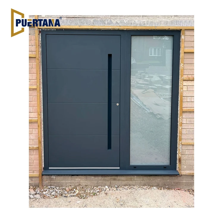 Luxury Entrance Doors Thermal Break Aluminium Security Front Entry Door With Recessed Handle And LED Light